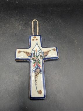 Vintage Tonala Hand-Painted Ceramic Cross Wall Hanging - Blue & White Floral